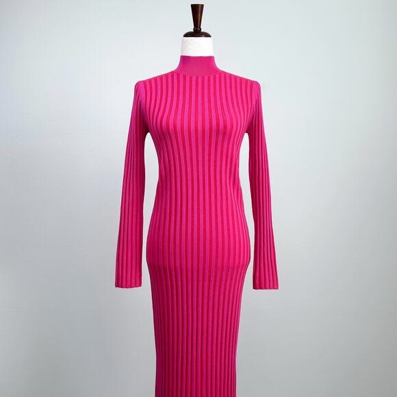 Zara Pink Rib Knit Stretchy Valentine Mock Neck Sweater Midi Dress - Picture 7 of 10